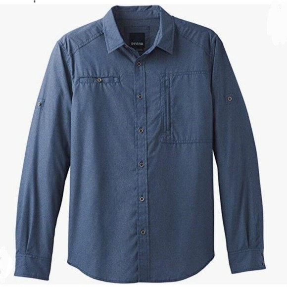 Prana Shirt Mens XL Long Sleeve Kip Hiking Fishing Roll Tab Button UPF 50+ Blue - Picture 1 of 13
